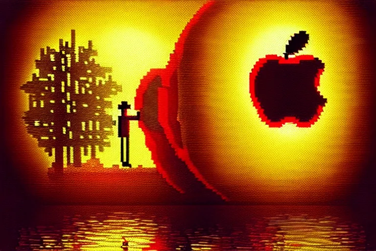 Prompt: a man inside of an apple that floats down a river, beautiful detailed pixelart by albertov, intricate details, beautiful, dithered gradients, volumetric lighting, cgsociety, artstation, smooth, sharp focus, 2 d illustration, amazing art by dan mumford