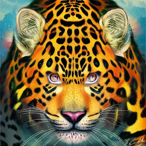 Image similar to a colorful closeup portrait of an amur leopard dreamy vibes floating head and dreaming psychedelic hair. halo behind his head. trending on artstation. by peter mohrbacher and moebius and alex ross. intricate detail. hyperrealistic. photorealism. 8 k. flat design