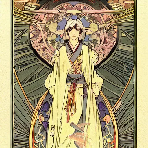 Image similar to the portal of salvation mystical japanese architecture hyperrealistic detail line work female ninja samurai ethereal character concept art wide angle shot muted colors cinematic lighting detailed and intricate style of alphonse mucha and j. c. leyendecker tarot card art print