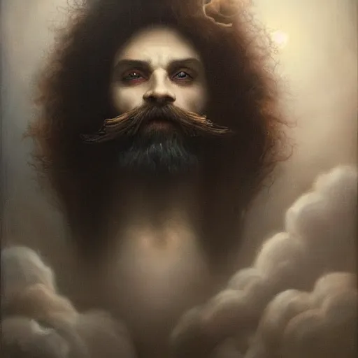 Prompt: By Tom Bagshaw, ultra realist soft painting of gloomy universe by night, silly Dwarf smile beard, symmetry accurate features, very intricate details, ominous sky, black and white, volumetric light clouds