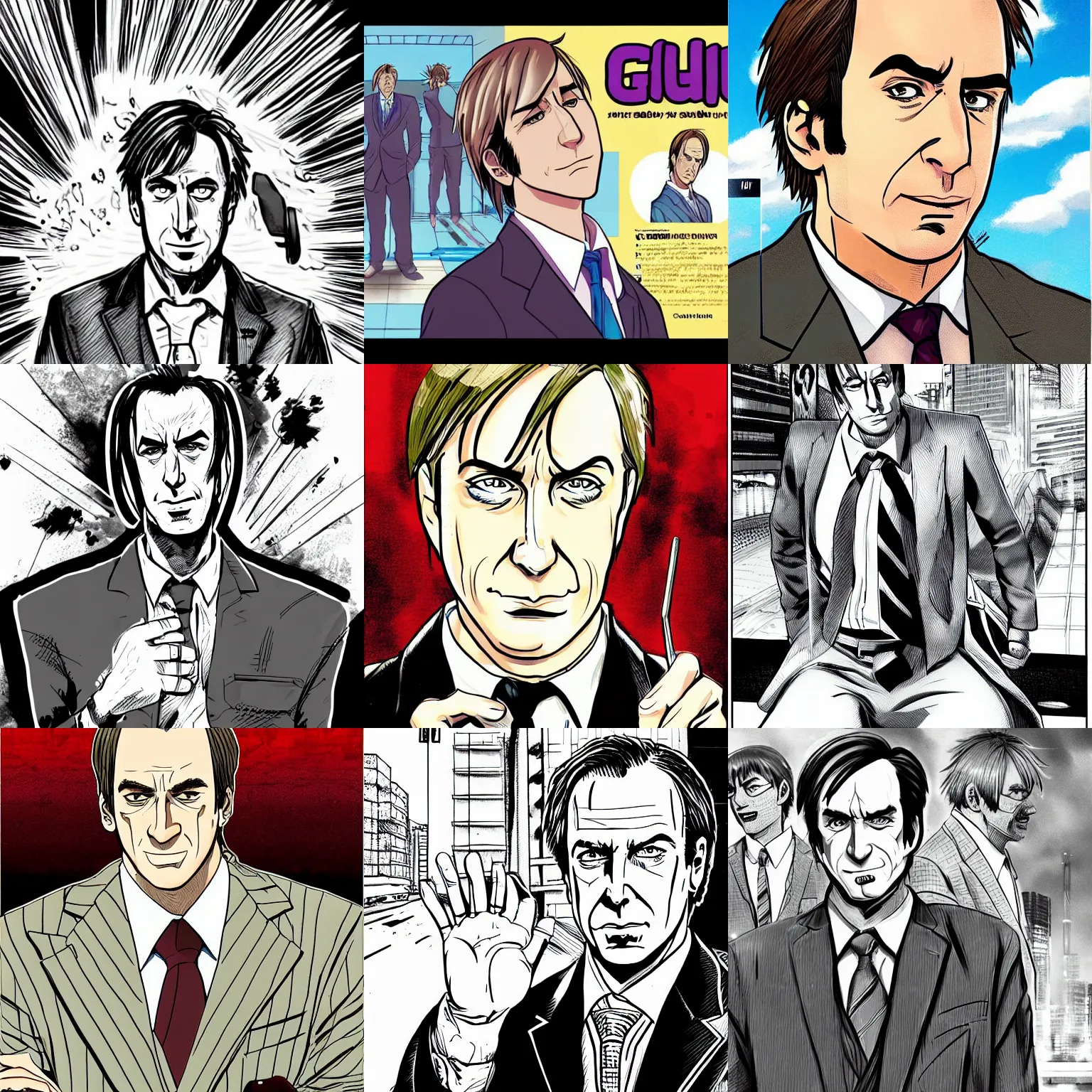 Prompt: highly detailed professional illustration of saul goodman as a seinen manga character