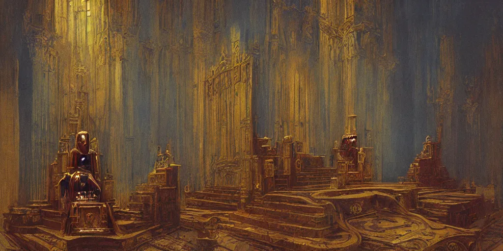 Image similar to a medieval king sitting on a golden throne led by stairs leaning on a shiny sword in a palace, light illuminating behind the throne, beksinski and syd mead cinematic painting