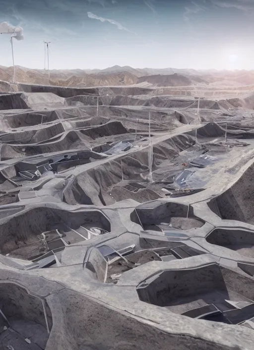 Prompt: techno mining tailing in chuquicamata bioremediation white futuristic horizontal architecture, epic, cinematic, hyperealistic, high detailed, corona render, hdr, ray tracing