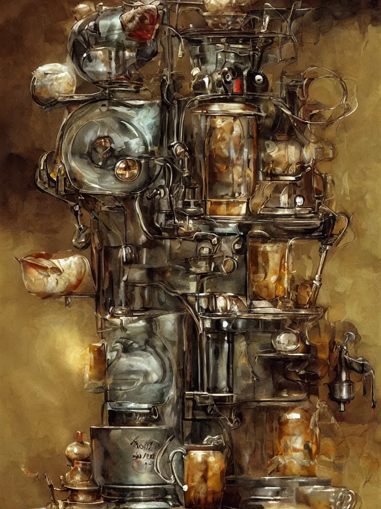 Prompt: ancient coffee machine, by Simon Stalenhaag, by Yoshita Amano, by Esao Andrews, sharp focus, fresh colors, deviantart