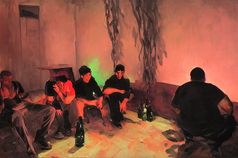 Image similar to cholos drinking brutal and raw wine, inside a tiny green room with red lights by joaquin sorolla, greg rutkowski, bill sienckiwicz, extremely detailed