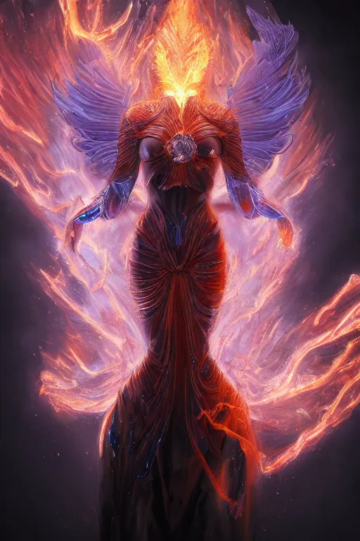 Prompt: torso closeup model wearing exploding fire crystal dress, fire exploding from head, sorcerer, diamonds, angel, fantasy, dramatic lighting, highly detailed, digital painting, holding electricity, magic the gathering, hyper detailed, 3 d render, hyper realistic detailed portrait, peter mohrbacher, wlop, ruan jia