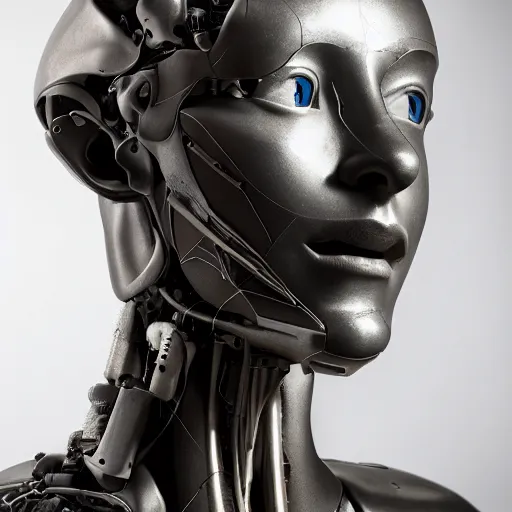 Image similar to a head and shoulders portrait of a female cyborg in her 20s, sculpture made of marble and aluminum, studio photography, cyberpunk lighting