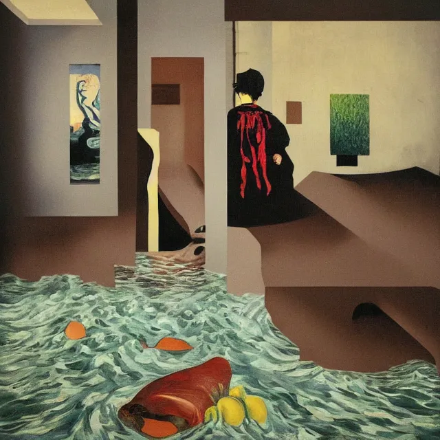 Image similar to tall female emo artist in her flooded kitchen, water gushing from ceiling, painting of flood waters inside an artist's home, a river flooding indoors, pomegranates, pigs, ikebana, zen, water, octopus, river, rapids, waterfall, black swans, canoe, berries, acrylic on canvas, surrealist, by magritte and monet