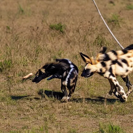 Prompt: african wild dog fighting an alligator on drugs