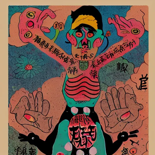 Prompt: three arms, in the style of daniel johnston and outsider art, 4k, overlaid with chinese text