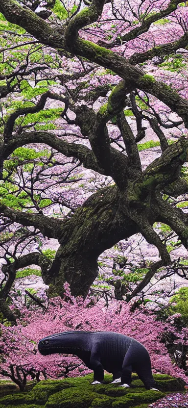 Image similar to “ a portrait photo of tyrannosaurus at a sakura tree, side shot, by shunji dodo, 8 k resolution, high quality ”