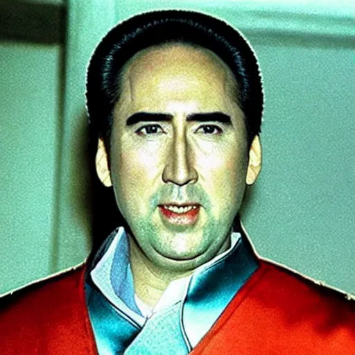 Image similar to Nicholas Cage as Mao Zedong, leader of China. He is dressed with a Superman suit, and is in a conference with Soviet Leaders in Siberia.