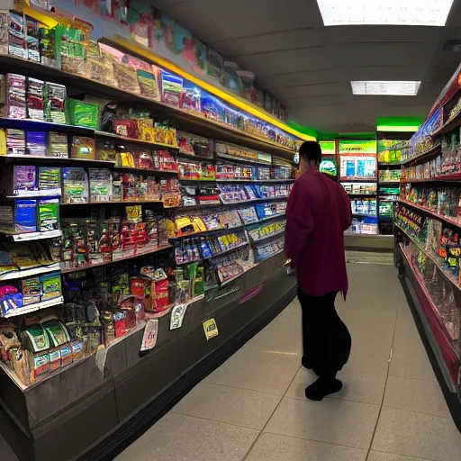 Image similar to Vision superhero working as a 7/11 cashier, wide wide shot, very detailed, hdr photograph, beautiful lighting