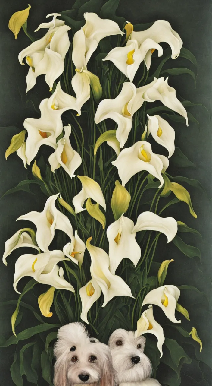 Image similar to portrait of a cream colored havanese dog with a bouquet of calla lillies, mexico, painting by diego rivera realism 1 9 3 5