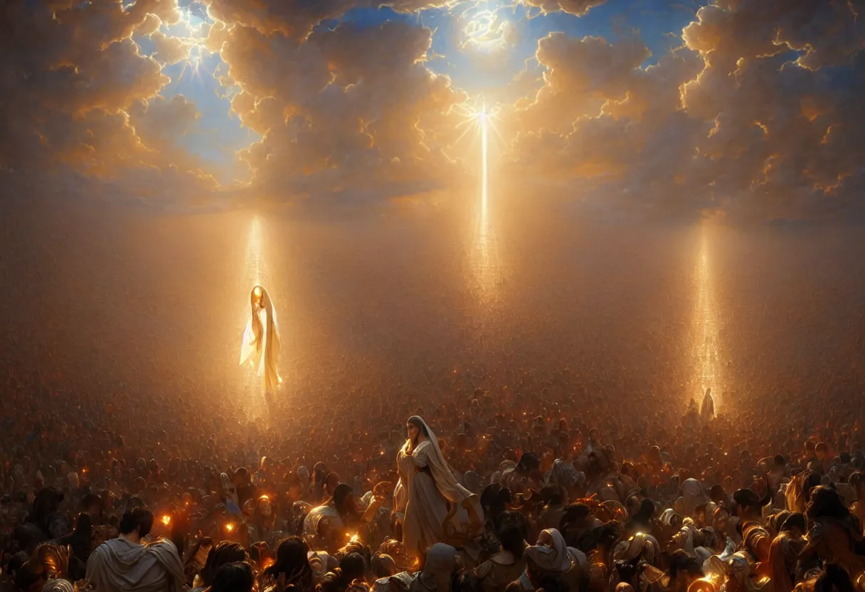 Image similar to opened gates of heaven with millions of people ascending to heaven, biblical, fantasy, intricate, elegant, highly detailed, digital painting, artstation, concept art, smooth, sharp focus, octane render, dramatic lighting, volumetric lighting, cinematic lighting, art by artgerm and greg rutkowski and alphonse mucha and wlop