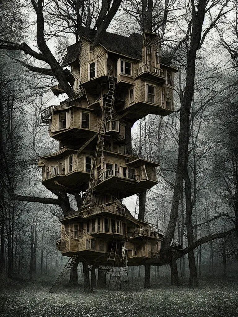 Image similar to a strange treehouse by gregory crewdson