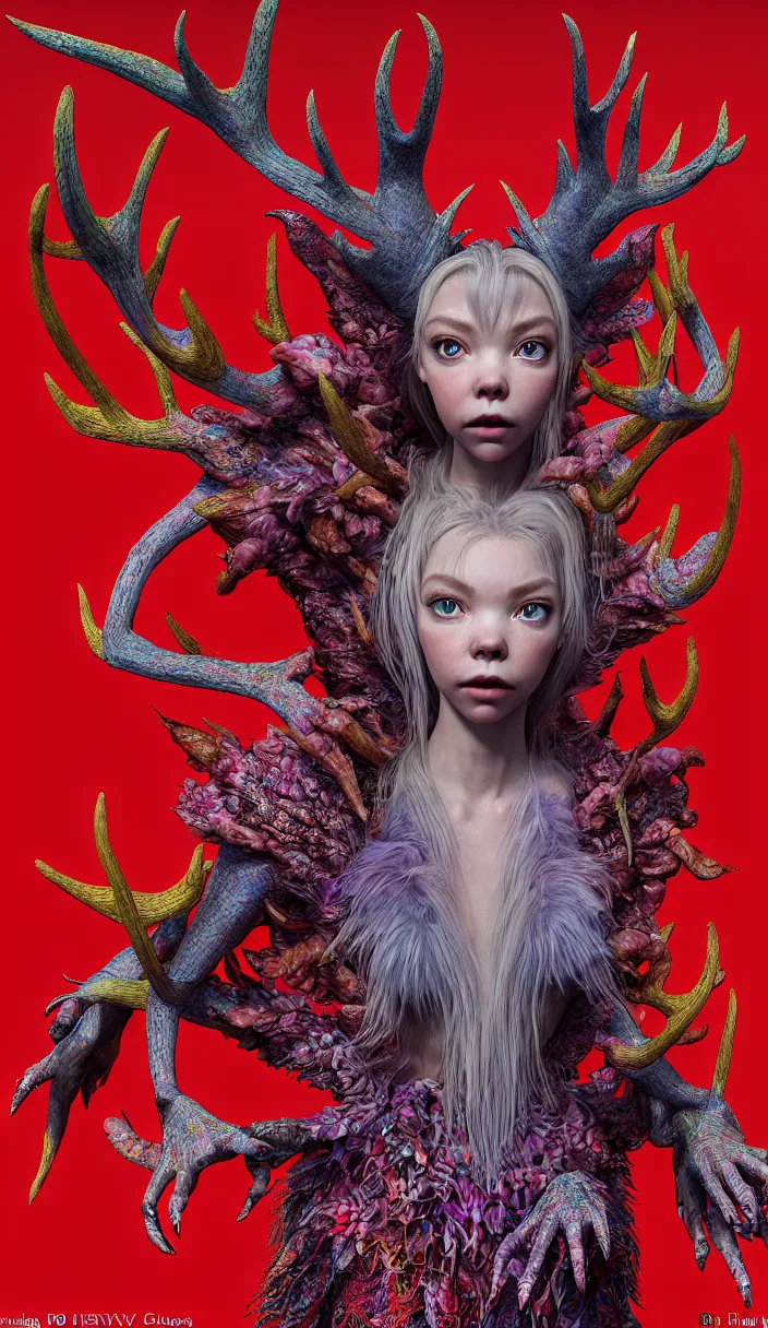 Prompt: hyper detailed 3d render like a Oil painting - kawaii full body portrait Aurora (a beautiful skeksis queen from dark crystal that looks like Anya Taylor-Joy with hooves and antlers) seen red carpet photoshoot in UVIVF posing in scaly dress to Eat of the Strangling network of yellowcake aerochrome and milky Fruit and His delicate Hands hold of gossamer polyp blossoms bring iridescent fungal flowers whose spores black the foolish stars by Jacek Yerka, Ilya Kuvshinov, Mariusz Lewandowski, Houdini algorithmic generative render, Abstract brush strokes, Masterpiece, Edward Hopper and James Gilleard, Zdzislaw Beksinski, Mark Ryden, Wolfgang Lettl, hints of Yayoi Kasuma, octane render, 8k