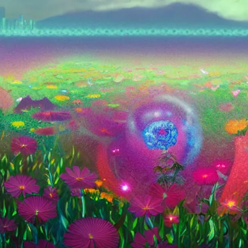 Image similar to i am flying towards the city of flowers, arms outstretched, birds fly beside me, towering flowers, translucent petals, spiral settlement on stem, riding the seed pod, beautiful textured lighting, water nozzles spraying mist, sunlight reflecting through water, global illumination, dappled lighting, high sharpness, subtle aperture gradient, style of albert bierstadt