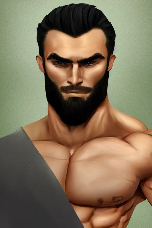 Image similar to the ultimate gigachad, incredibly muscular man with chiseled jawline, black hair, green eyes, trending on artstation, artstationHD, artstationHQ, 4k, 8k