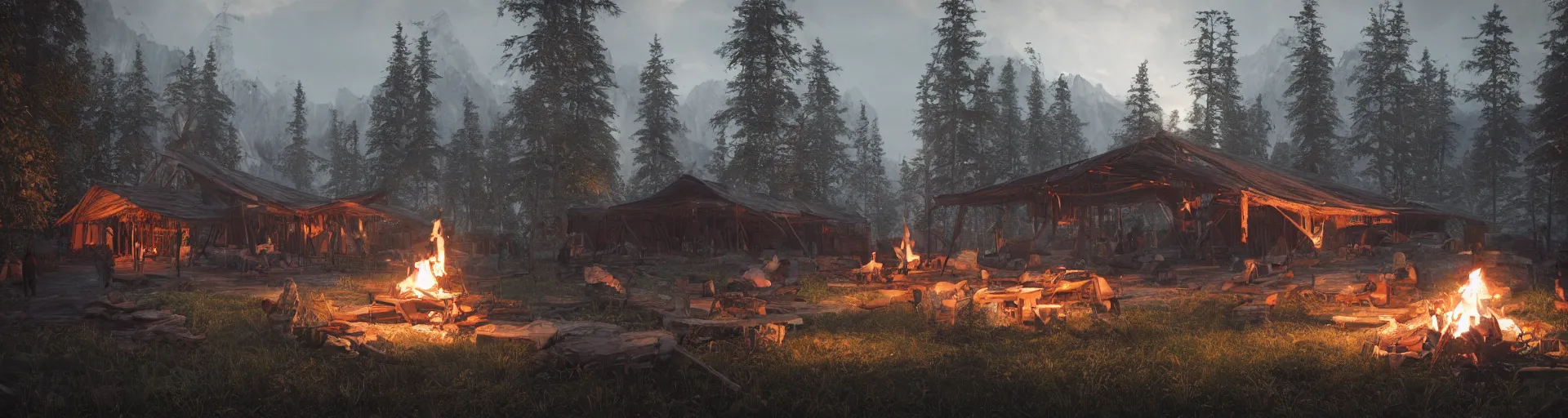 Image similar to longhouse, campfire, teepee, very detailed, octane render, realistic, 8 k, unreal engine 5, dramatic, volumetric, mountain, morning, greg rutkowski