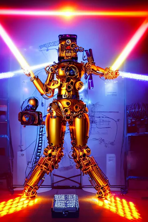 Prompt: portrait photo of a giant huge golden and blue metal humanoid steampunk cyborg female singer with gears and tubes, in the foreground is a big red glowing microphone, eyes are glowing red lightbulbs, shiny crisp finish, 3 d render, 8 k, insaneley detailed, fluorescent colors, background is multicolored lasershow