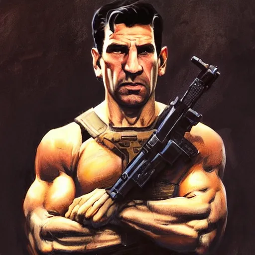 Image similar to mitch fatel as the punisher, painting by frank frazetta, highly detailed, high quality, 8 k, soft lighting, realistic face, path traced