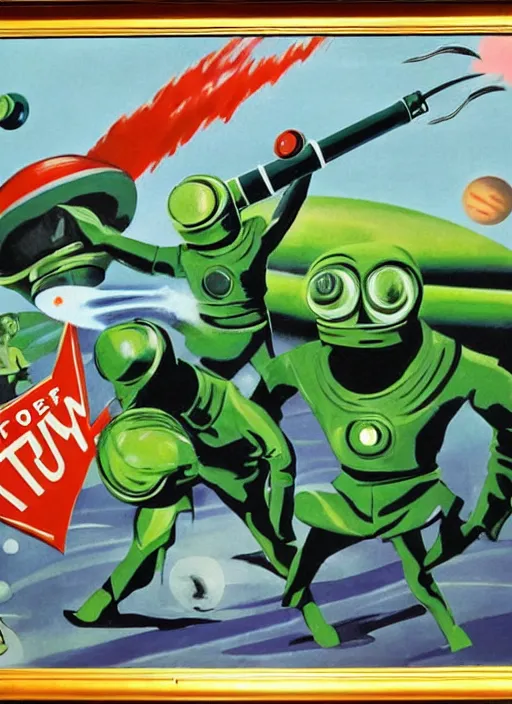 Image similar to 5 0 s sci - fi painting of donald trump fighting evil green martians with a ray - gun, rockets and planets on the background