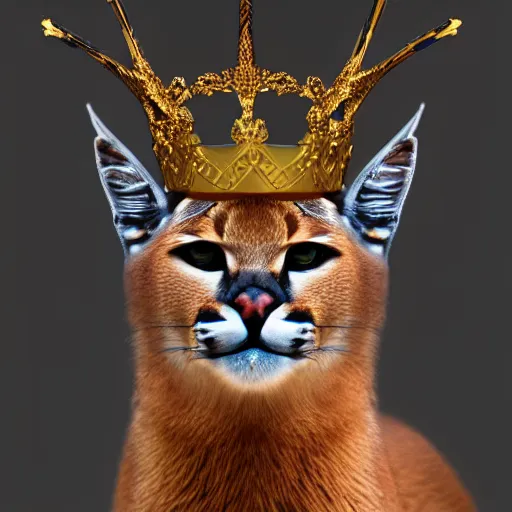 Image similar to caracal, crown on his head, in crown, dressed in crown, crowned, has a crown, cinematic, high detail, cinematography, vfx, 8 k