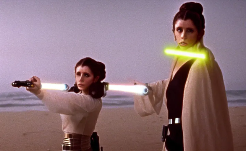 Image similar to glamour portrait of Princess Leia using yellow lightsaber on foggy beach, 1980s film directed by Stephen Speilberg, iconic scene, carrie fischer's photoreal face, stunning cinematography, hyper-detailed, sharp, anamorphic lenses, kodak color, 4k