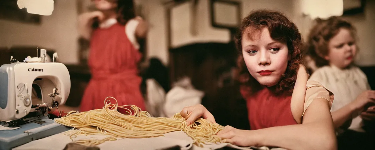 Image similar to a seamstress sewing a dress made of spaghetti, an excited girl in the background, facial expression, canon 5 0 mm, cinematic lighting, photography, retro, film, kodachrome, closeup