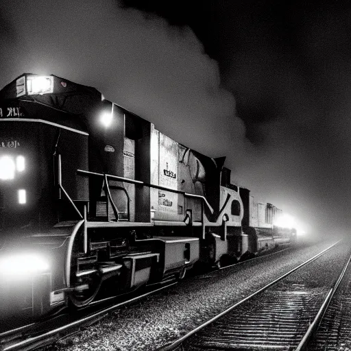 Image similar to a hyperdetailed black and white photograph of the union pacific big boy on the rails producing lots of black smoke in an old timey city, night, dense fog, rain, hd, 8 k, cinematic, volumetric lighting