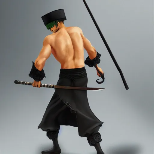 Prompt: A photo of a real-life roronoa zoro, Studio Lighting, High Detail, 4K, Title-Shift, Hyperrealism