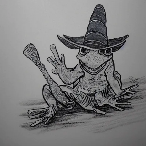 Prompt: ink drawing of a frog wizard by Bill Waterson, by Rutkowsky