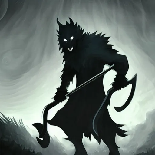 Image similar to fantasy art sillohuette character with scythe standing in for ground, menacing werewolf in background, intense, stunning, unsettling ( dark colors ) ( mist )