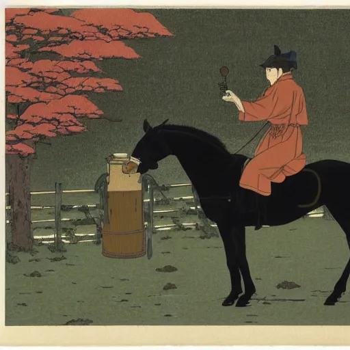 Prompt: an irishman drinking a black stout on a horse by kawase hasui