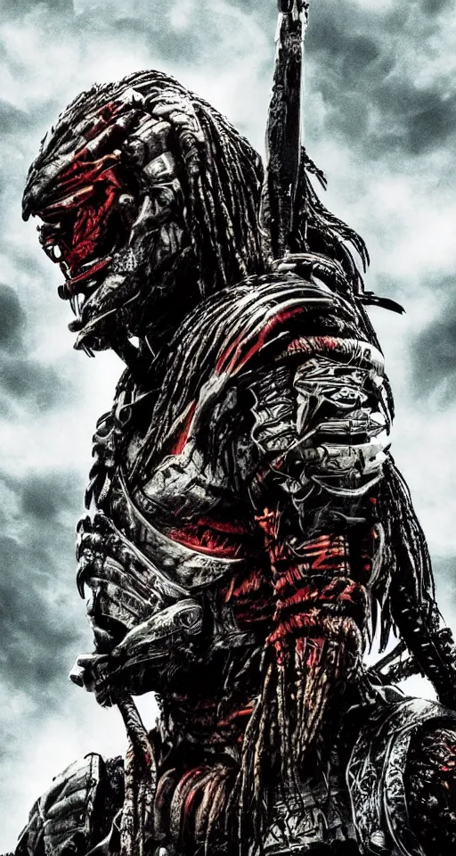 Image similar to predator movie film poster art for hiroyuki sanada as samurai verses predator. in the style of ansel adams, frank frazzetta, realistic, detailed, octane