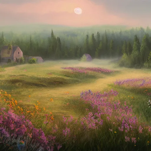 Image similar to a matte painting of a european prairie, cottage town, foggy, patchy flowers, oil painting, pale colors, high detail, 8 k, wide angle, trending on artstation,