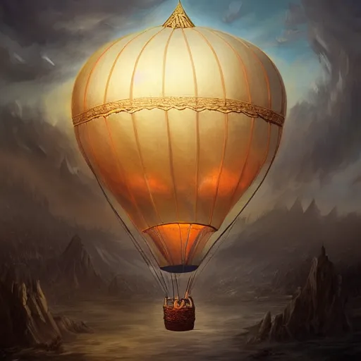 Image similar to old air balloon, epic fantasy, detailed, intricate, digital painting, concept art, realistic, smooth, focus, rim light