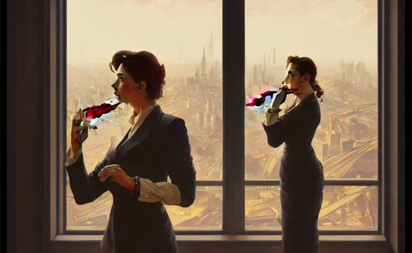 Image similar to Business woman smoking a cigar while she watches the city through a window, sci-fi, highly detailed, digital painting, artstation, concept art, smooth, sharp focus, illustration, art by artgerm and greg rutkowski and alphonse mucha