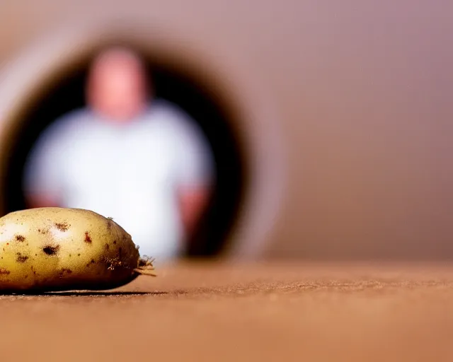 Image similar to elon musk stuck inside a potato, dof and bokeh