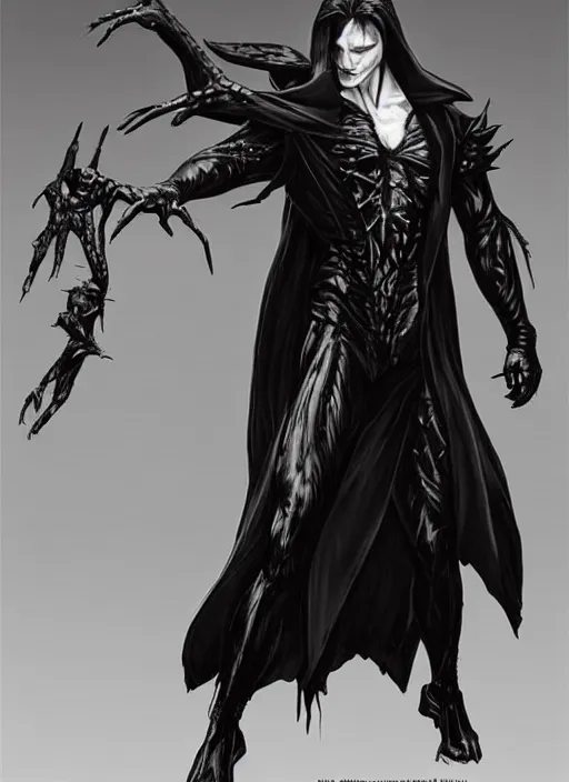 Prompt: elegant renaissance concept art of a male young muscular neo from matrix 1 as sandman from vertigo comics, the crow 1 9 9 4, full figure dynamic fighting pose, pale skin!, gothic, black overcoat, fantasy, intricate, highly detailed, digital painting, artstation, smooth, sharp focus, illustration, art by artgerm and greg rutkowski and alphonse mucha