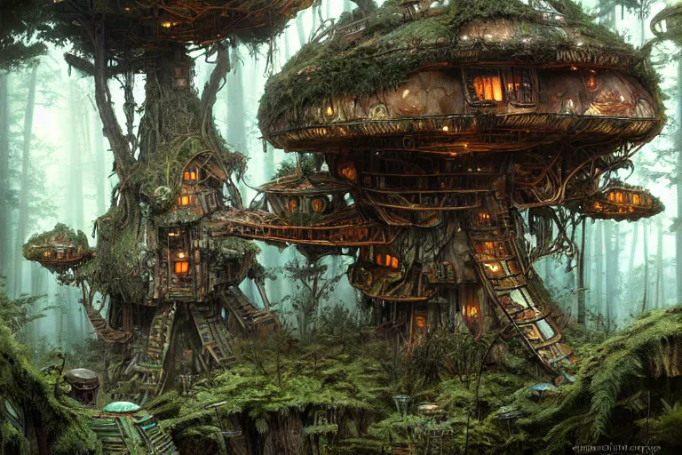 Image similar to lichenpunk treehouse village on endor, hyper detailed, by alejandro burdisio,