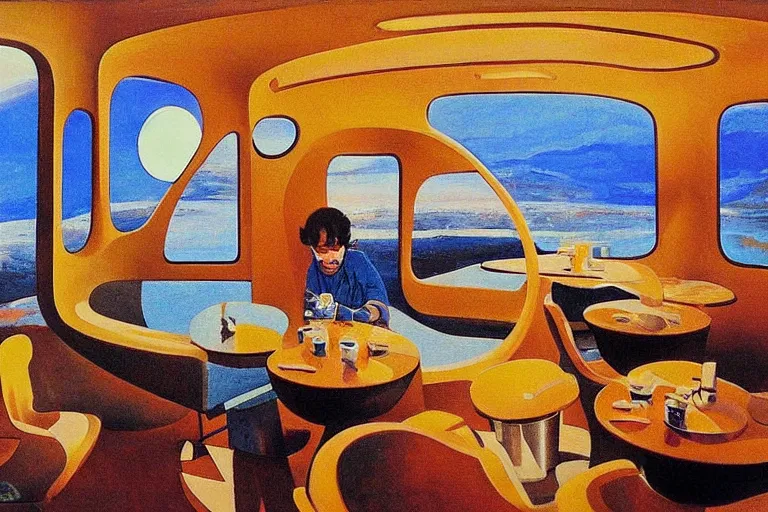 Image similar to coffee shop in a spaceship by robert theodore mccall