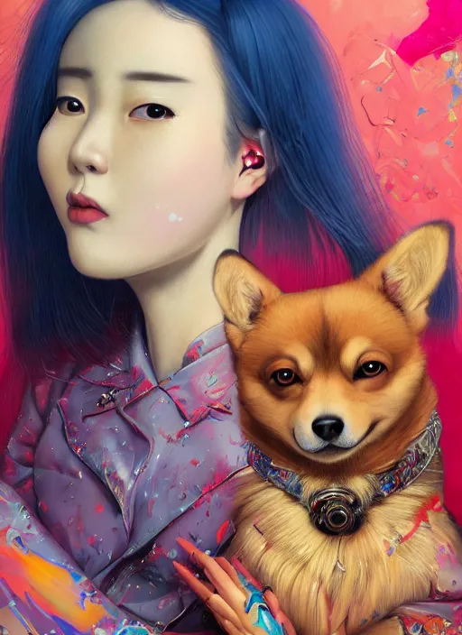 Prompt: beautiful portrait painting of a happy beautiful attractive korean lofi cyberpunk princess and her corgi assassin king, by Afarin Sajedi, Alessandro Barbucci, Alex Gross, Shin Jeongho, Shohei Otomo. trending on Artstation, 8k, masterpiece, face enhance, graffiti paint, fine detail, full of color, intricate detail, golden ratio illustration