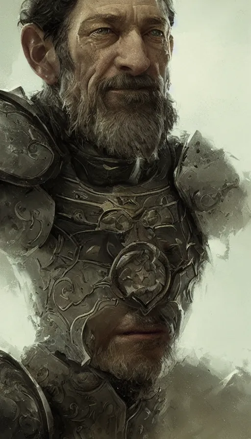 Prompt: Portrait of Jason Isaacs as an old knight, male, detailed face, fantasy, highly detailed, cinematic lighting, digital art painting by greg rutkowski