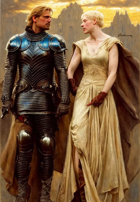 Image similar to attractive fully clothed jaime lannister confesses his love for attractive fully clothed armored brienne of tarth. highly detailed painting by gaston bussiere and j. c. leyendecker 8 k