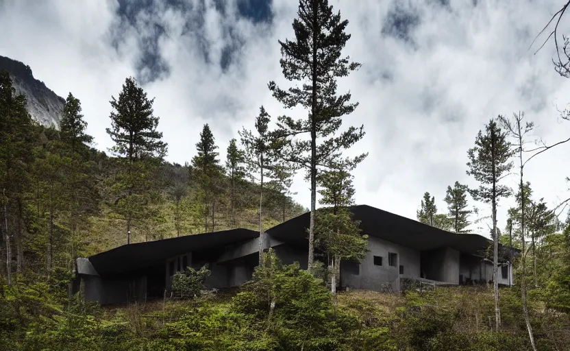 Prompt: Neo-future brutalist house on a secluded mountain with trees around