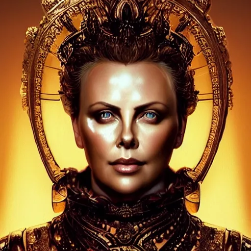 Image similar to “ majestic gracious regal deity charlize theron portrait, ancient greece, atmospheric lighting, painted, intricate, volumetric lighting, beautiful, rich deep colours masterpiece, golden hour, sharp focus, ultra detailed, by leesha hannigan, ross tran, thierry doizon, kai carpenter, ignacio fernandez rios ”