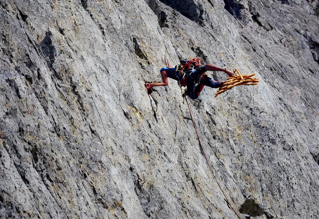 Image similar to telelens shot of a mountain climber free soloing a very steep mountain made up entirely out of french fries, sports photo,