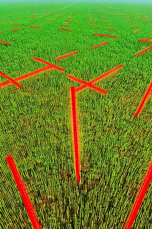 Prompt: Three giant red crosses made out of light beams in the center of a corn field